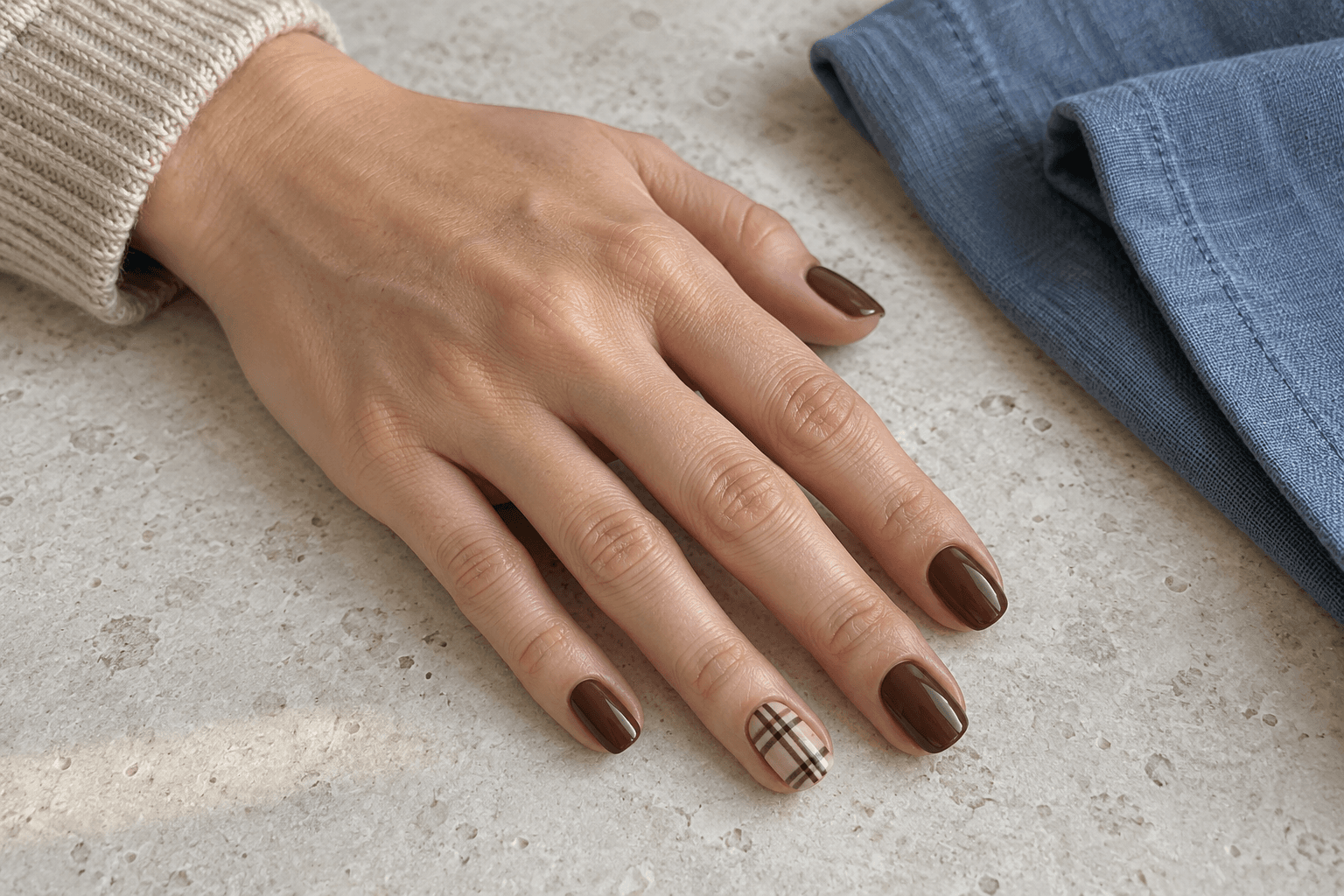 Glossy chocolate-brown nails with one cream-and-brown plaid accent nail.
