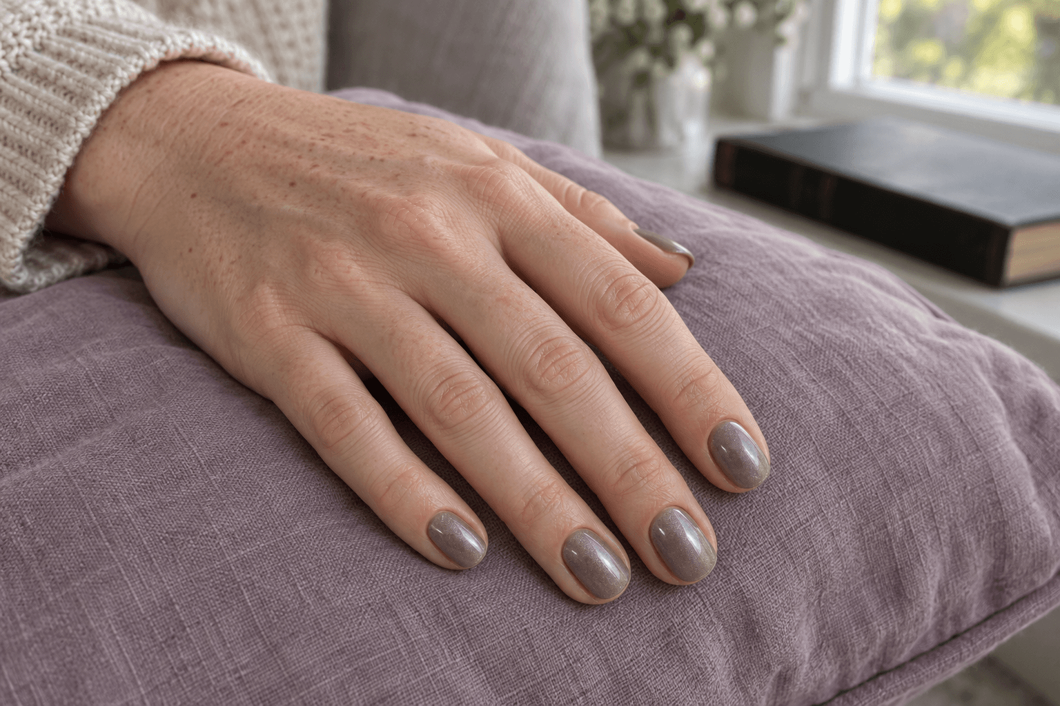 Short oval nails in mushroom taupe with fine silvery shimmer on a lilac cushion.