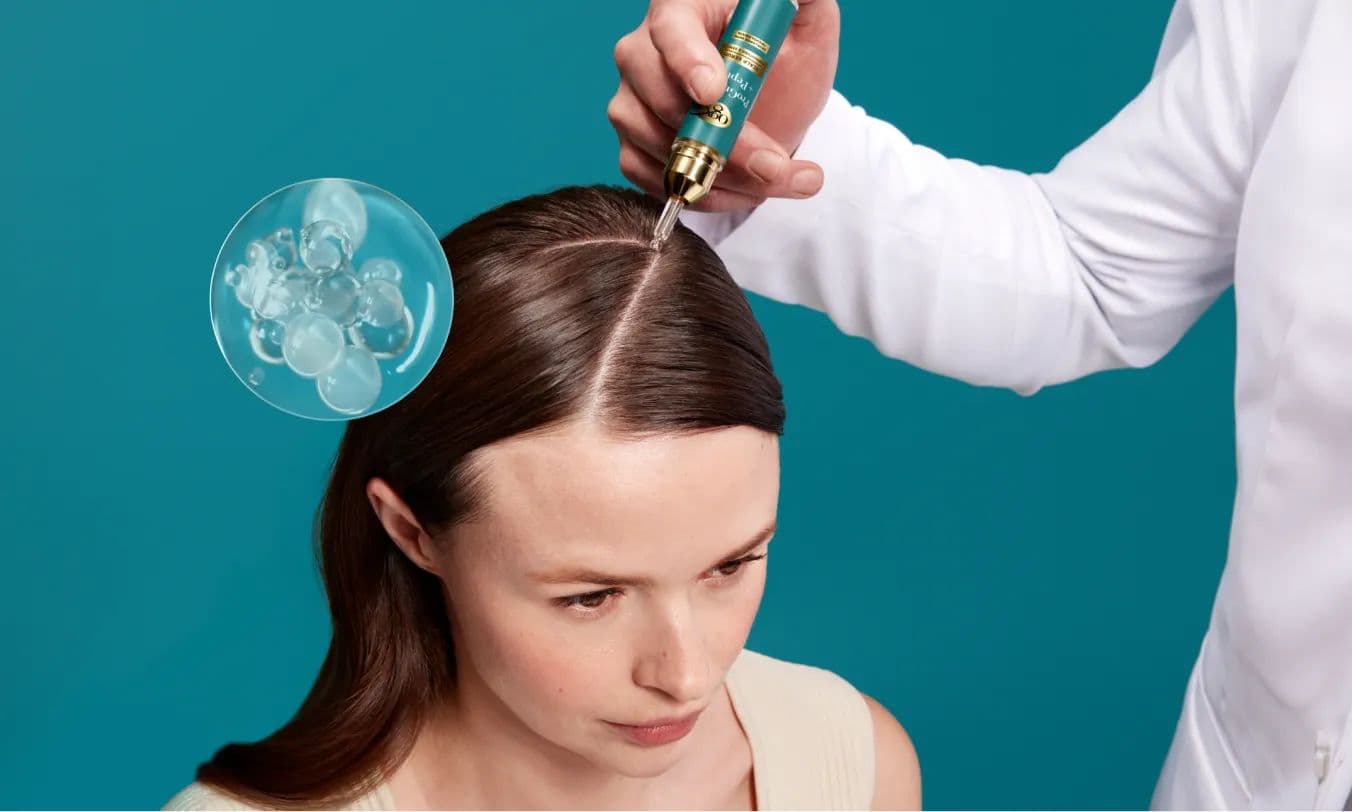 Scalp serum with peptides and niacinamide applied to dry scalp,