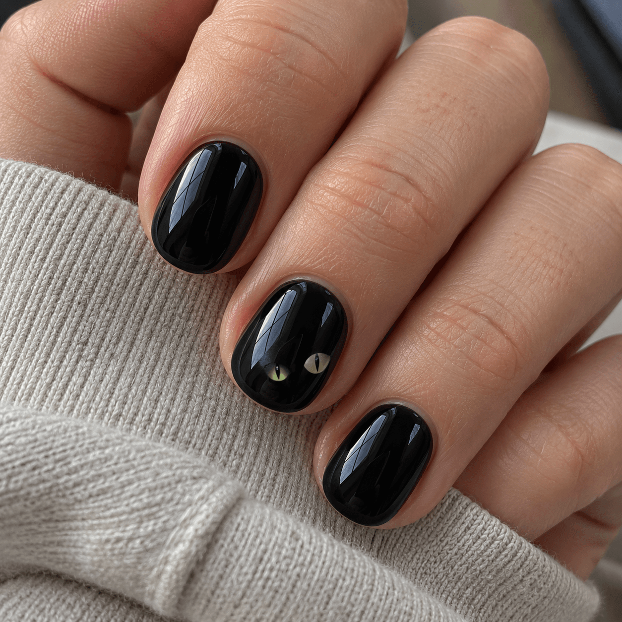 Short black nails with two small muted-green cat-eye shapes on one accent nail.