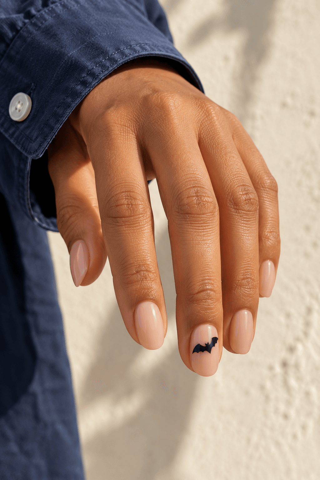 Nude-pink oval nails with one small black bat silhouette on an accent nail.