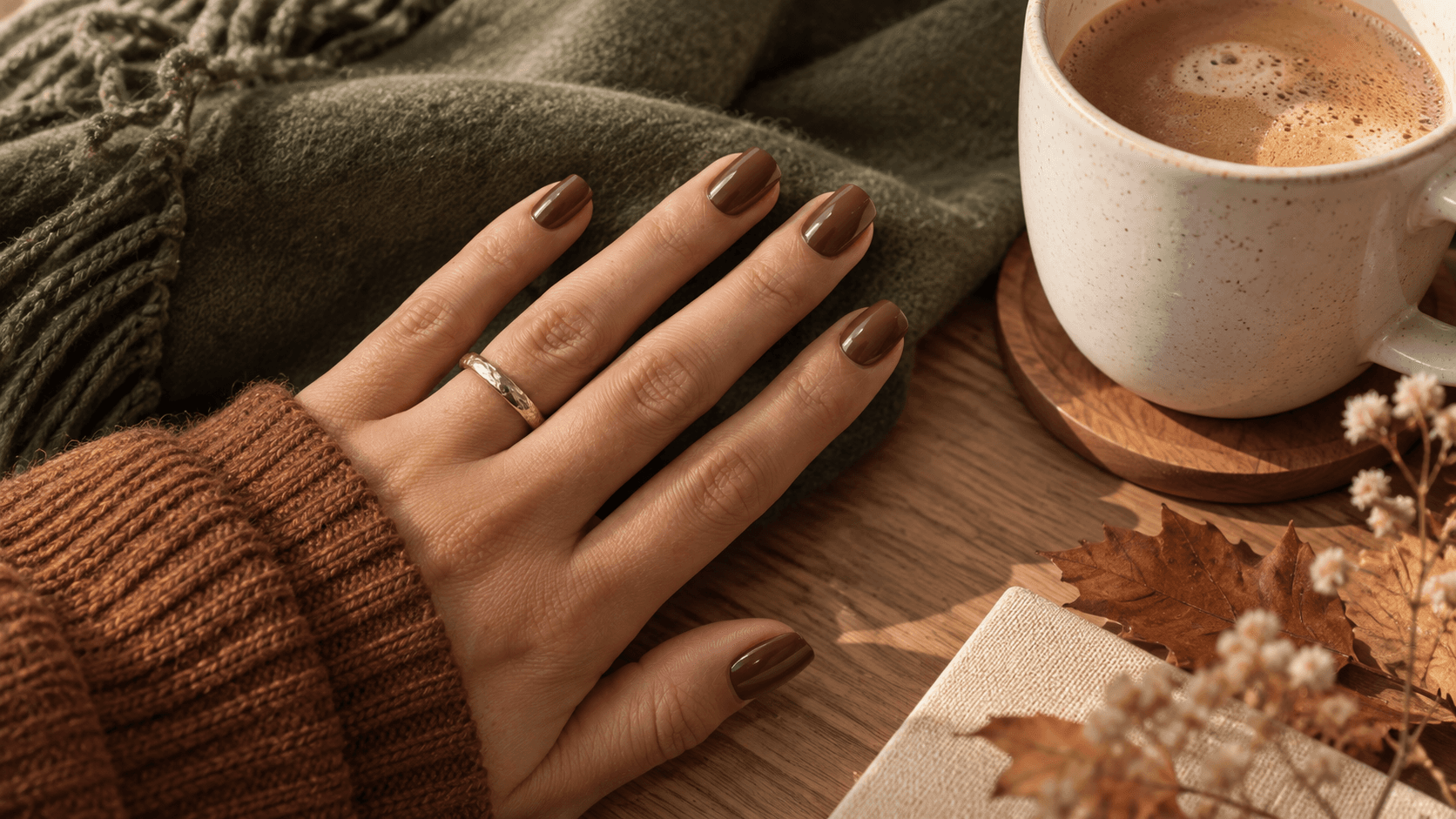 Cozy Autumn Coffee and Glossy Brown Nails, Nail inspo, Fall Nail