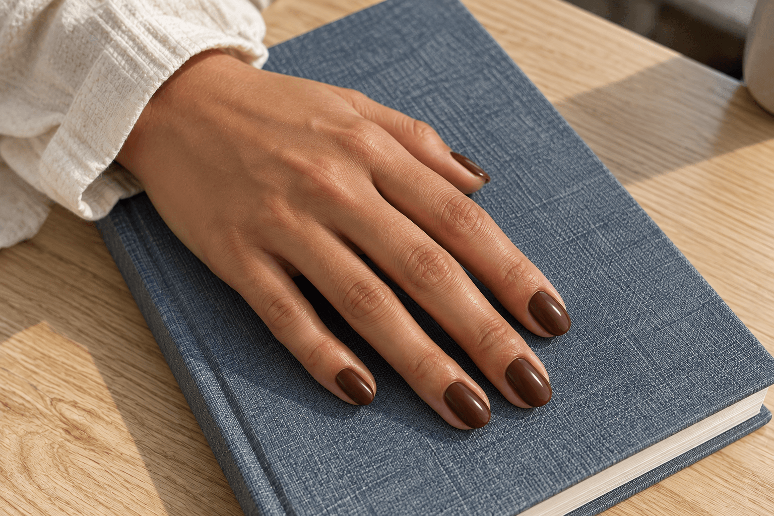 Glossy chocolate-brown oval nails resting beside a cream cuff and a blue-gray notebook.
