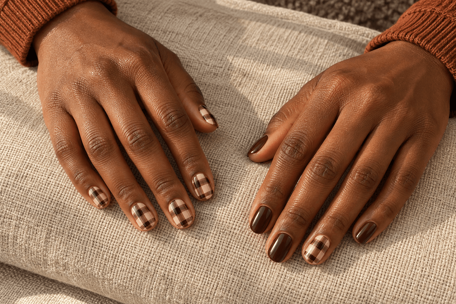 One hand full cream-and-cocoa plaid; the other chocolate solids with one matching plaid ring nail