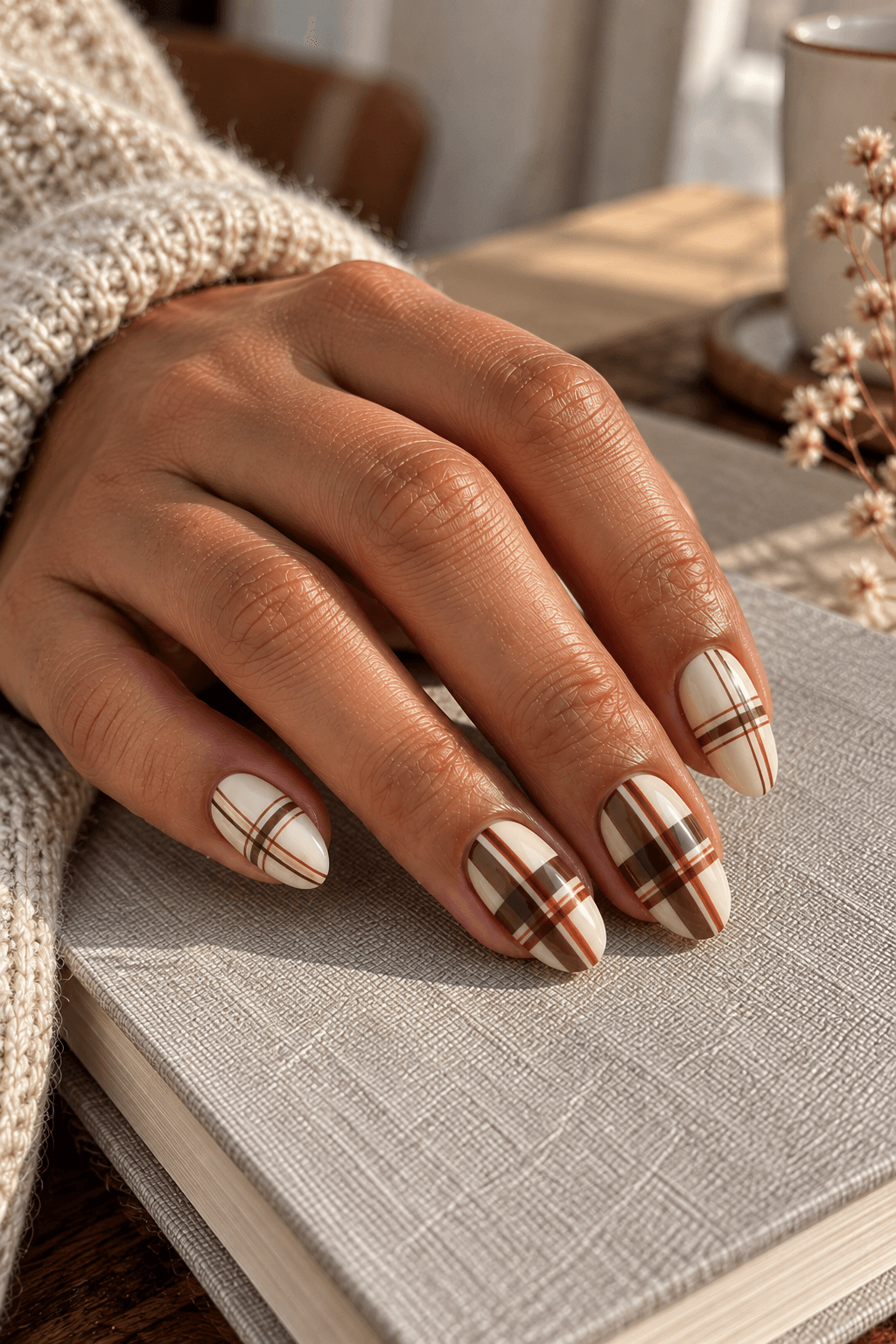 Cream, cocoa, and rust throughout; broad repeats on middle and ring, finer related repeats on index and little