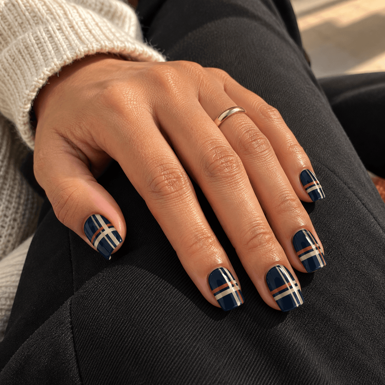 Navy base, cream crossing bands, one fine rust companion stripe; full set or ring-and-thumb accents