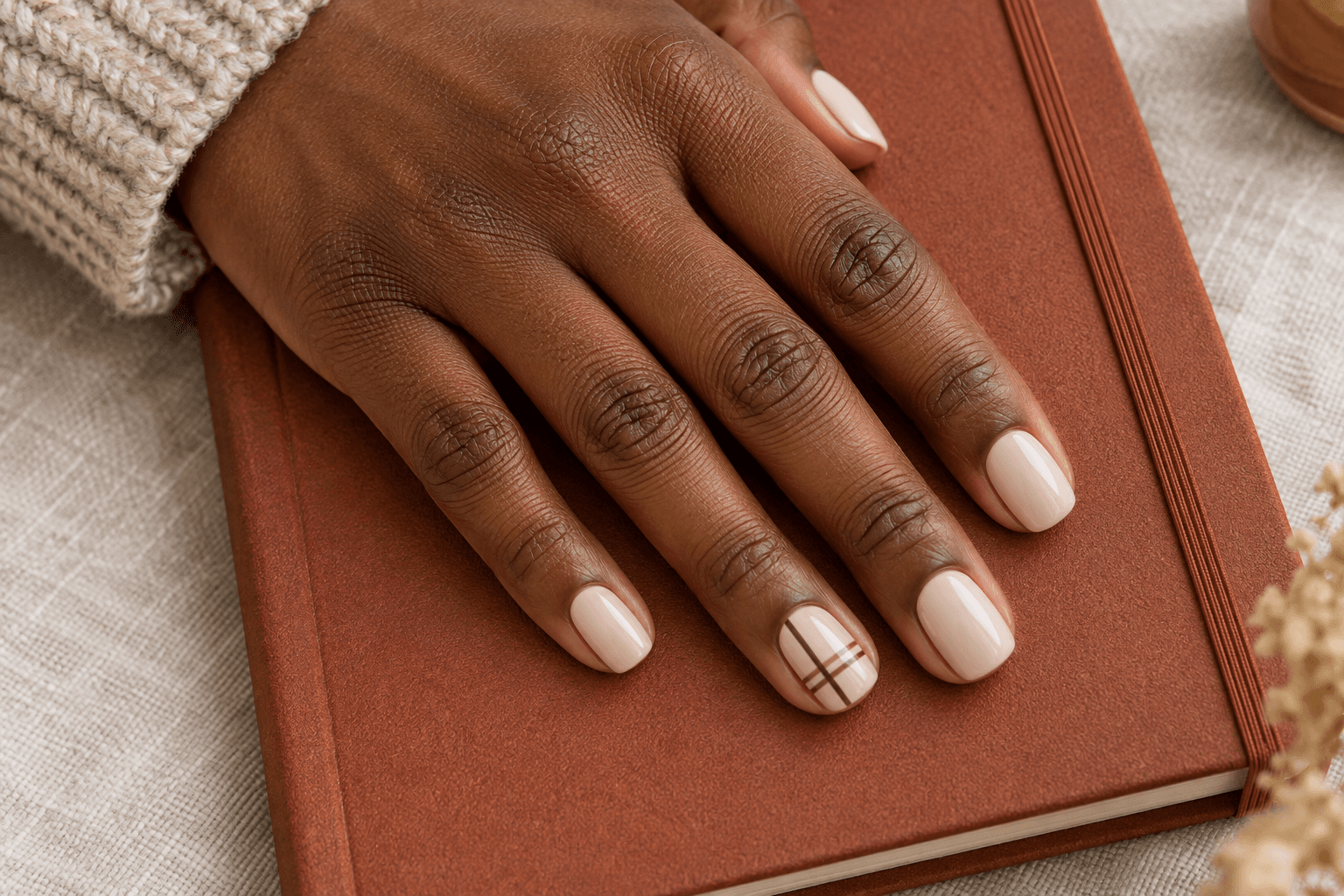 Milky beige throughout; a thin, offset espresso grid on one ring nail, with a large open rectangle