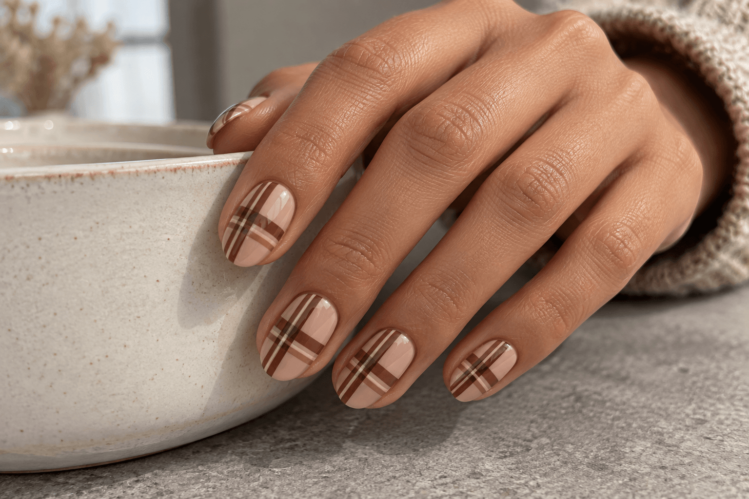Sheer-looking beige base, widely spaced cocoa bands and one fine cream companion line; open spaces remain visible