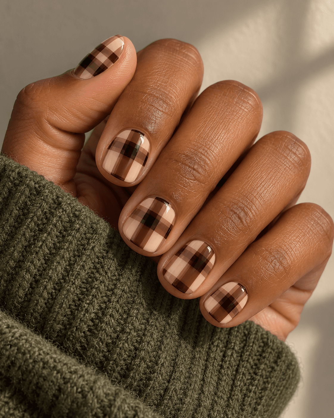 Short nails; broad cocoa crossing bands over cream, darker intersections, only a few large visible sections per nail