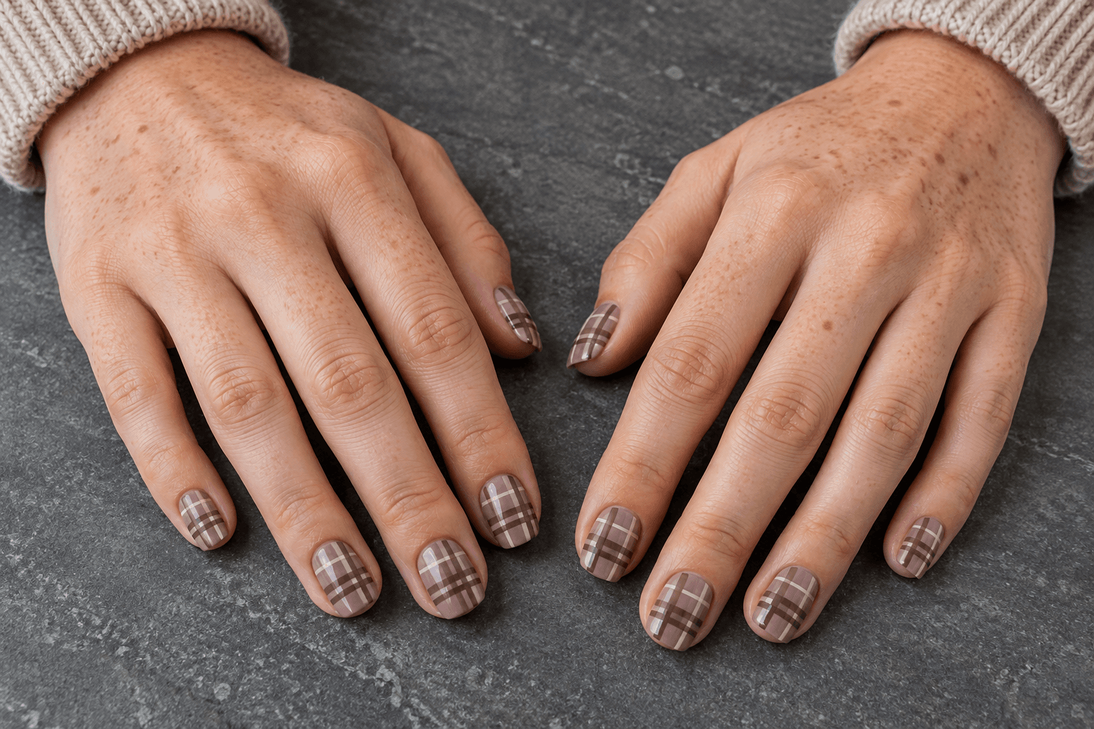 Full set: mushroom taupe, slightly darker crossing bands, fine pale-beige detail, consistent gloss and roomy repeats