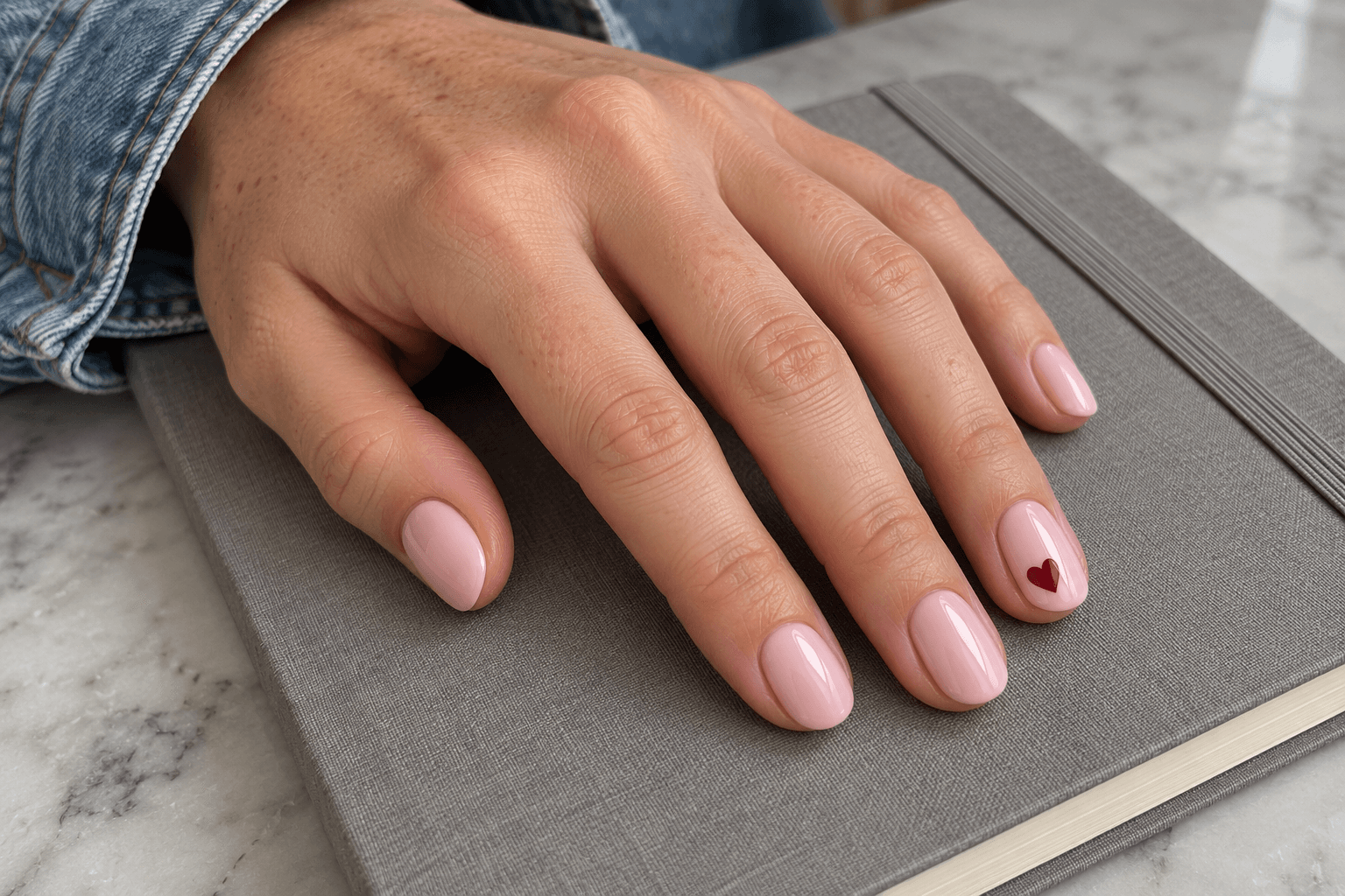 Blush pink throughout; one small black-cherry heart on each ring nail, all other nails plain.