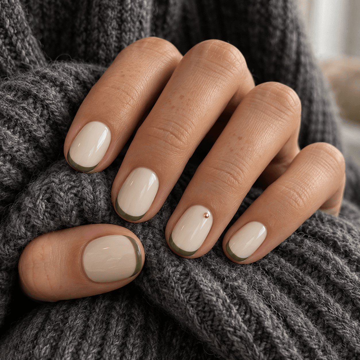 Cream bases and olive tips; one tiny muted-gold metallic-looking dot on each ring nail.