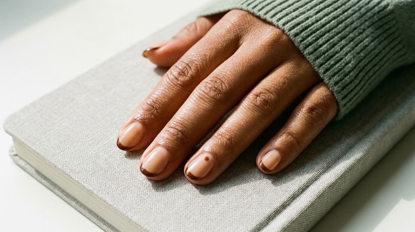 Oatmeal nails with chocolate tips and a small rust accent detail.