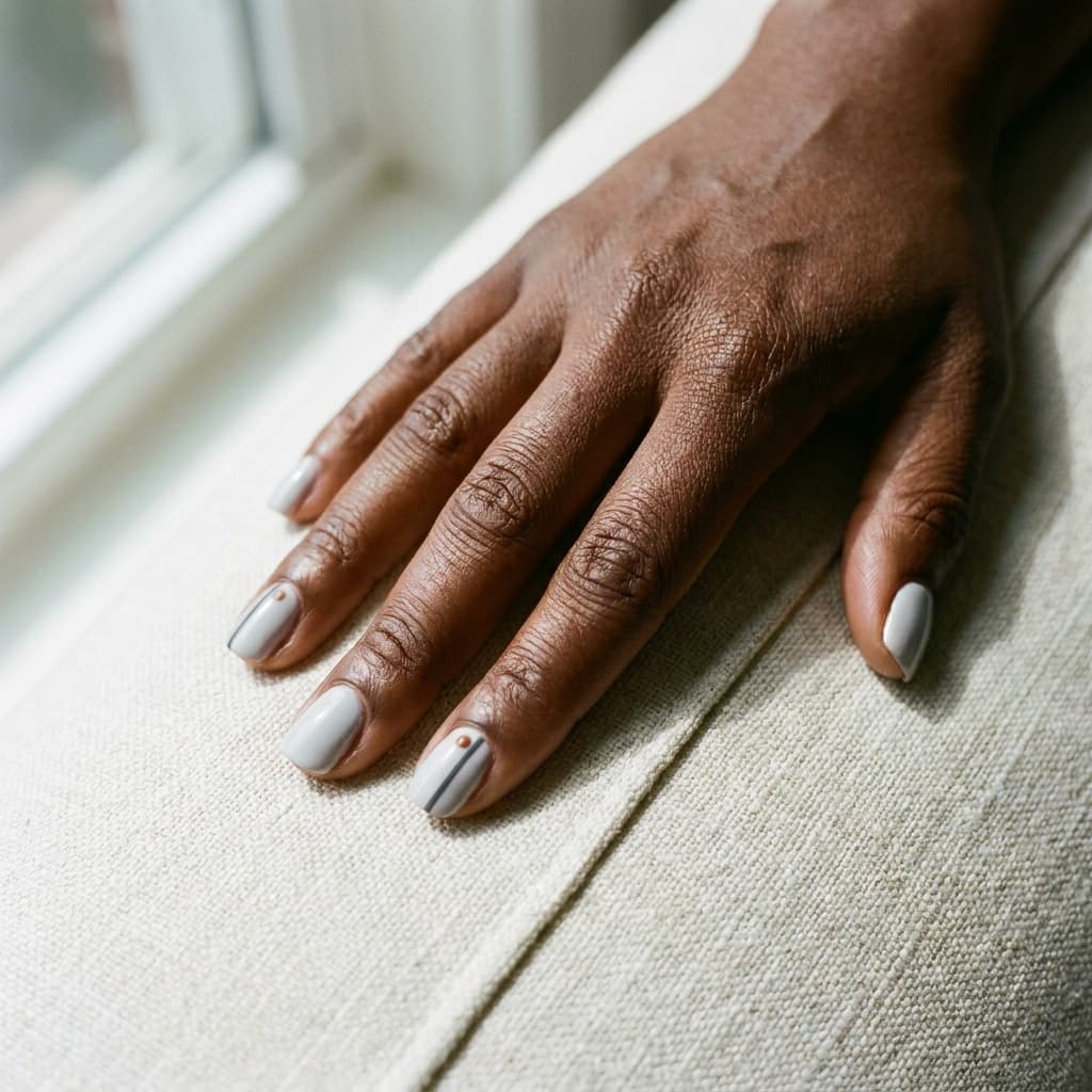 Pale-gray bases with charcoal side stripes on two nails; one small flat copper-brown dot on the ring accent.