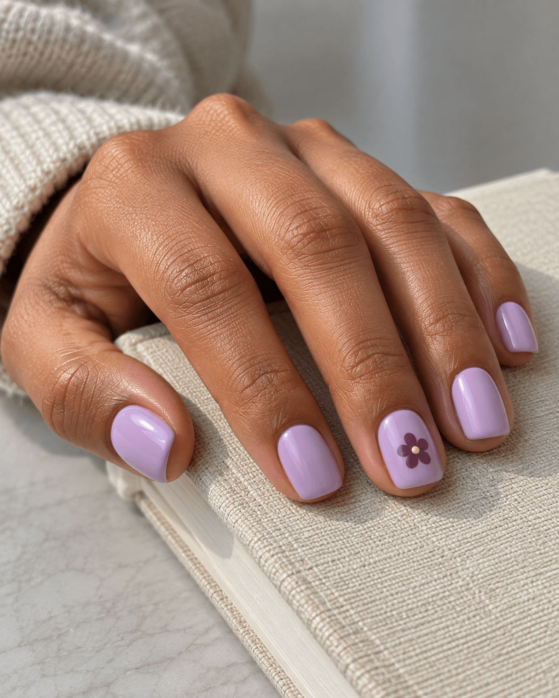 Lilac bases; one simple plum flower with a tiny butter-yellow center on each ring nail.