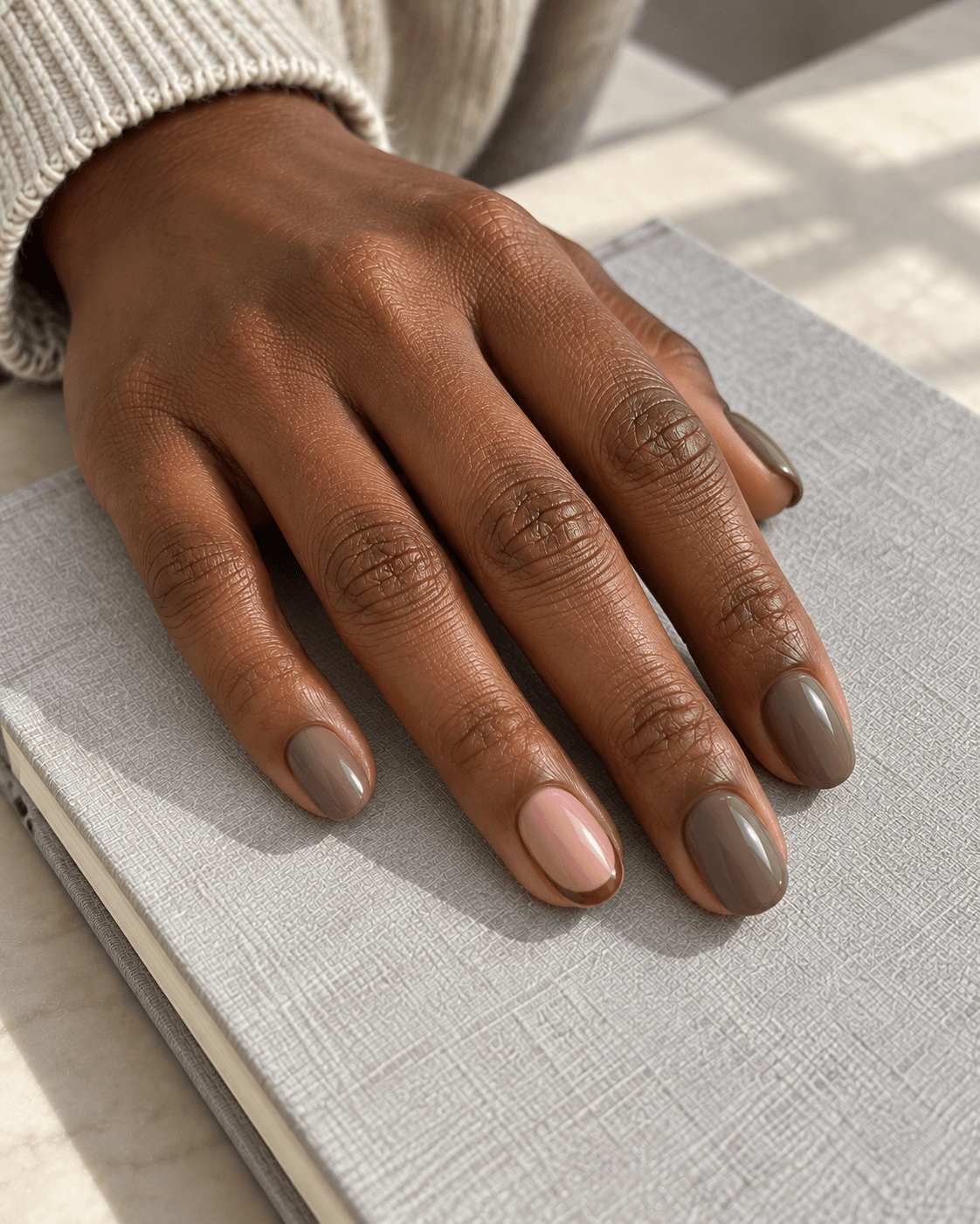 Mushroom taupe nails with a dusty-rose ring nail and one fine espresso arc near its tip.
