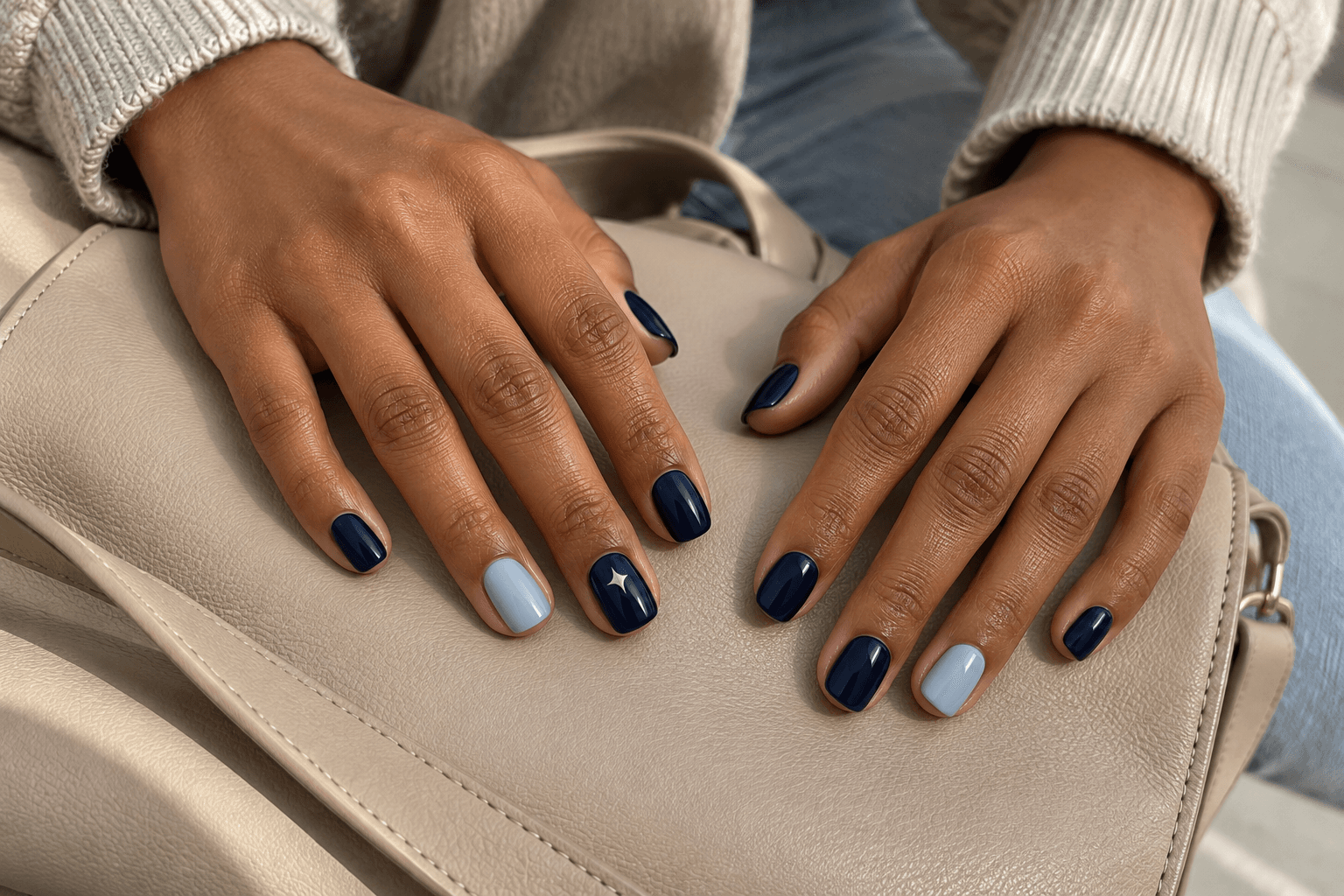 Navy solids with pale-blue ring nails and one tiny silver-looking star on each navy middle nail.