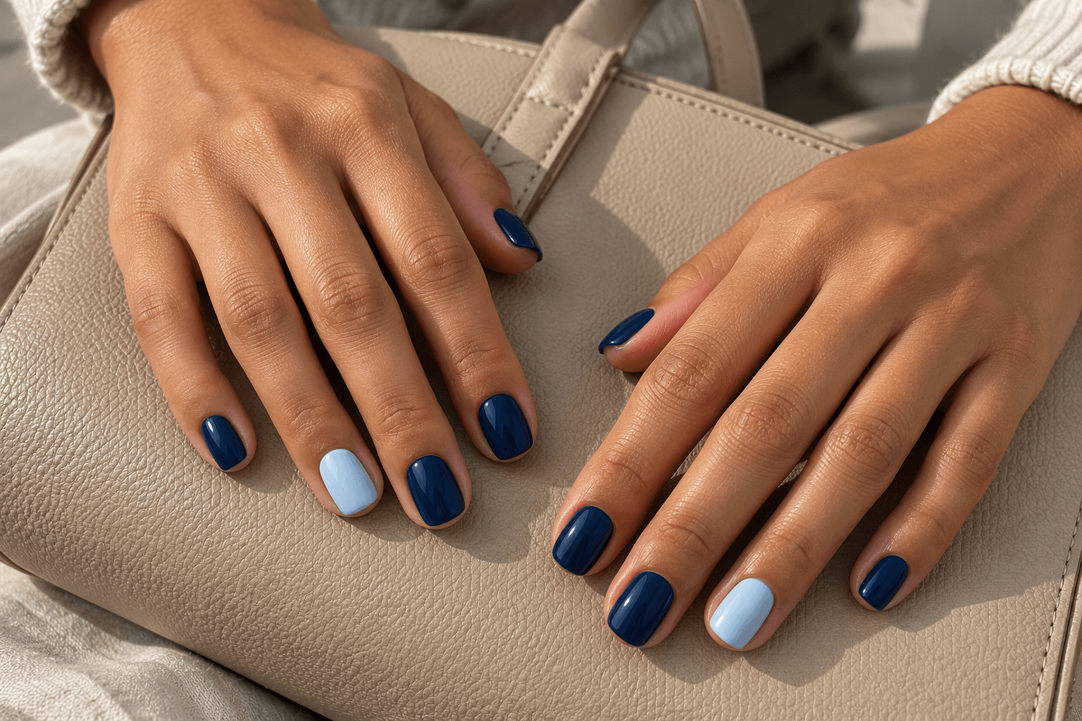 Short glossy navy nails with pale-blue ring nails on both hands.