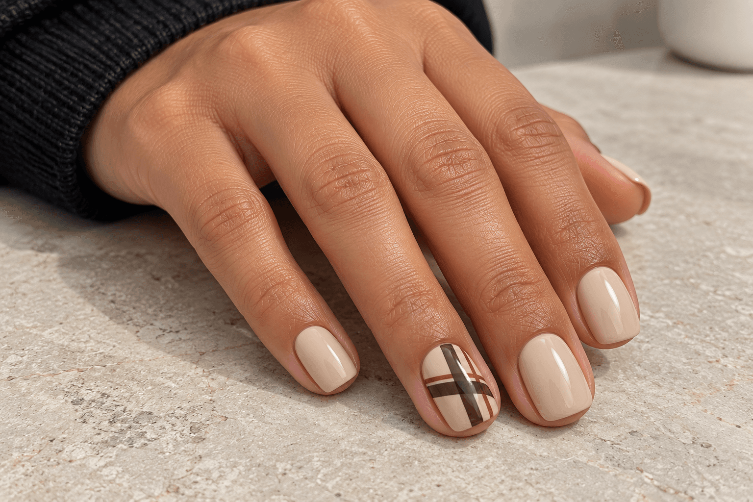 Oatmeal throughout; ring nail chocolate plaid with one fine rust companion line.