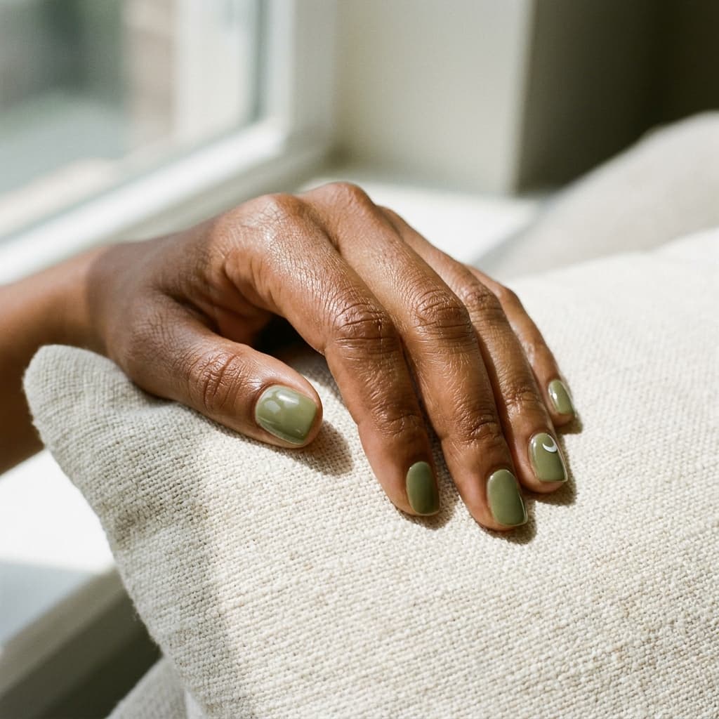 Olive solids with one small cream crescent near the base of the ring nail.