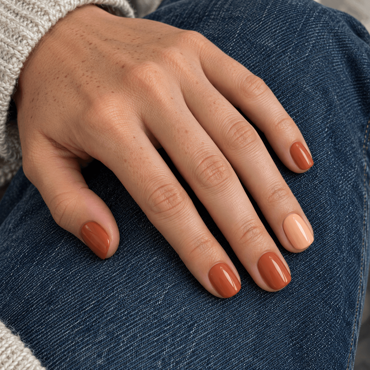 Short glossy terracotta nails with a lighter peach ring nail, resting on denim.