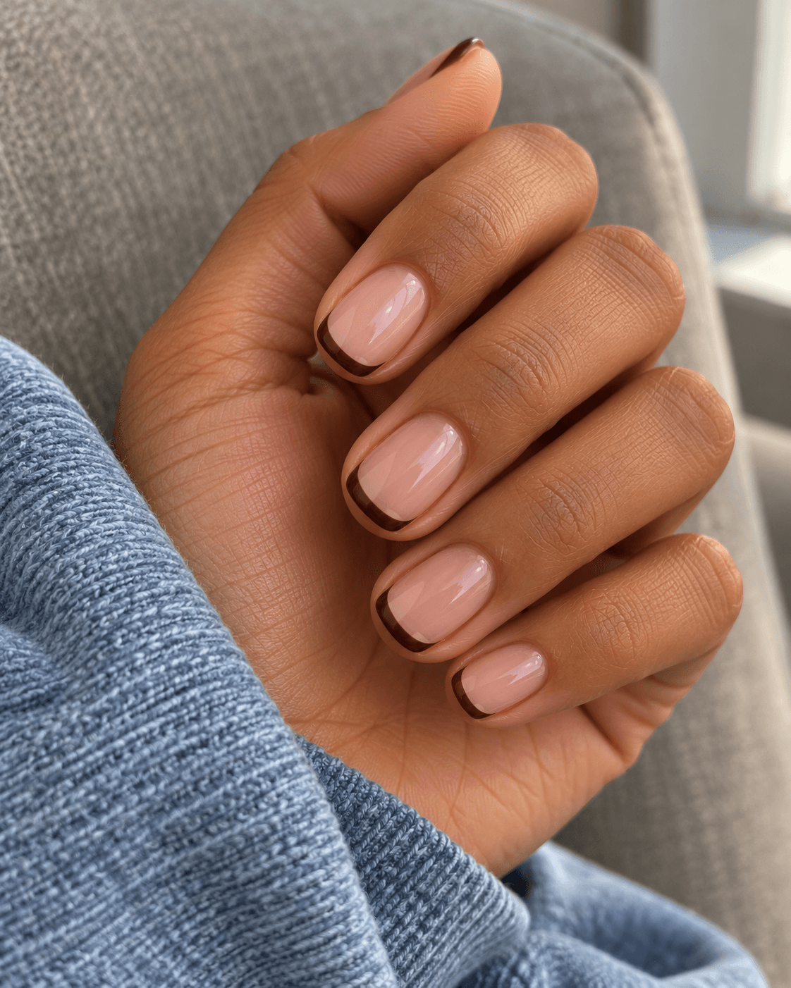Thin chocolate French tips over a pale pink base on short rounded-square nails.