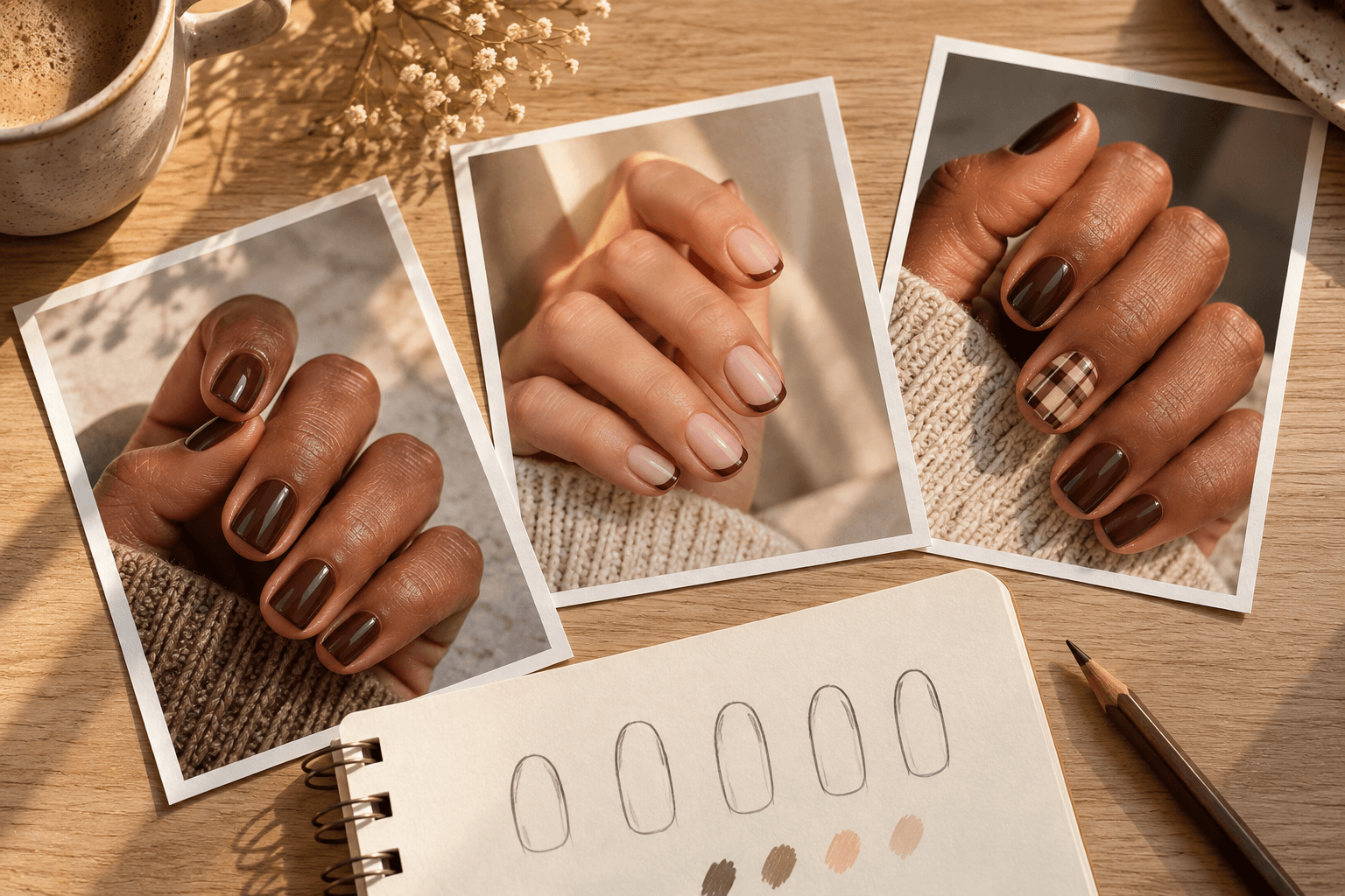 A notebook beside three separate manicure reference cards on a planning desk.