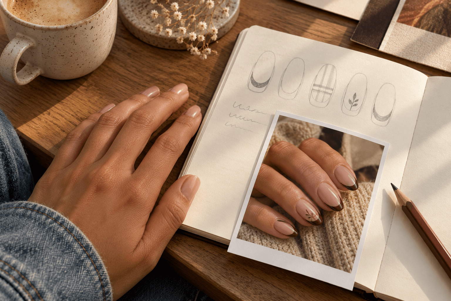 A simple nail-reference planning setup with a notebook, pencil, and one manicure image.