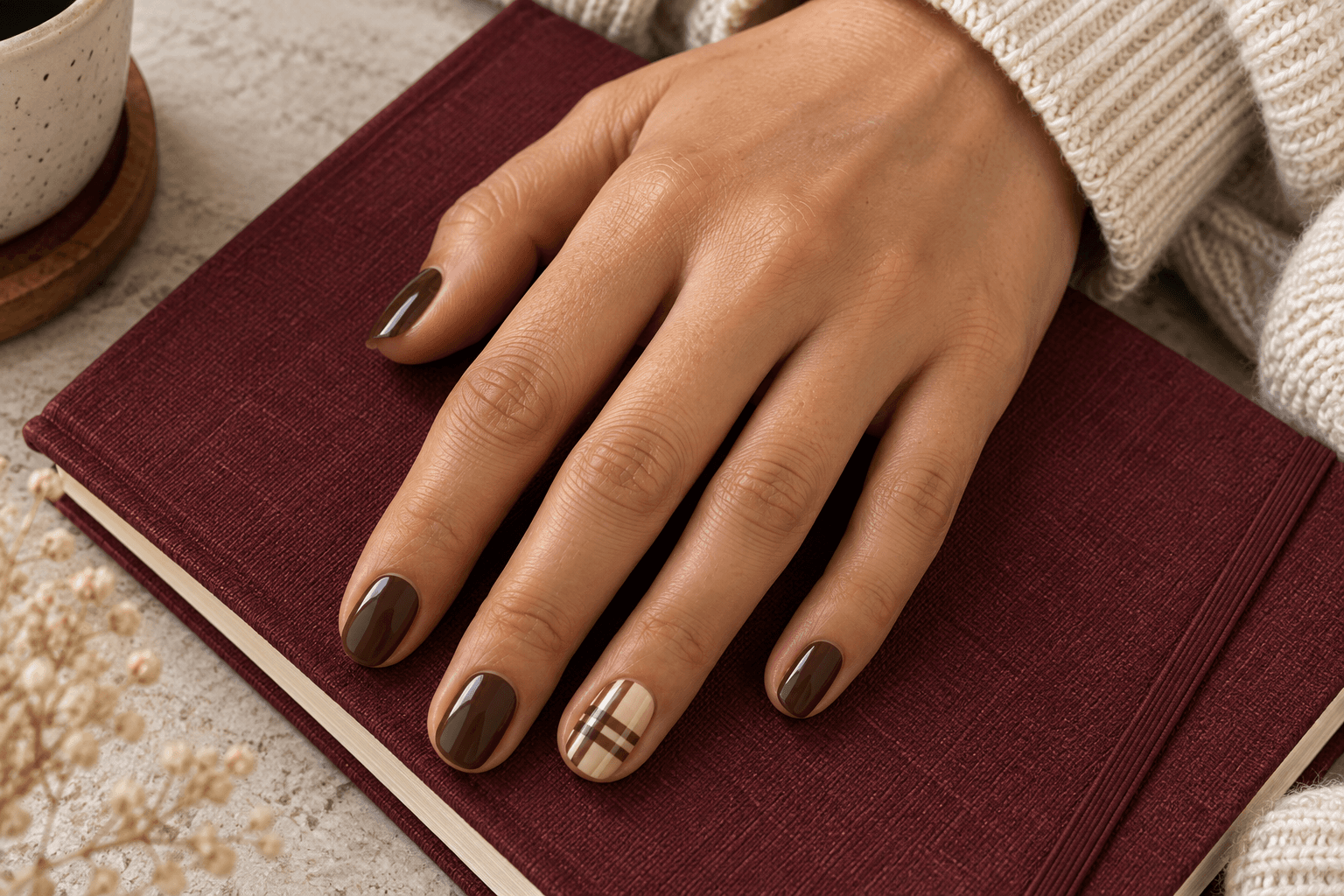 One oatmeal plaid ring nail surrounded by plain chocolate nails.