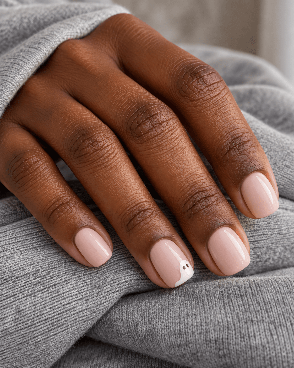 A small white ghost on one pale ring nail, with the other nails left plain.