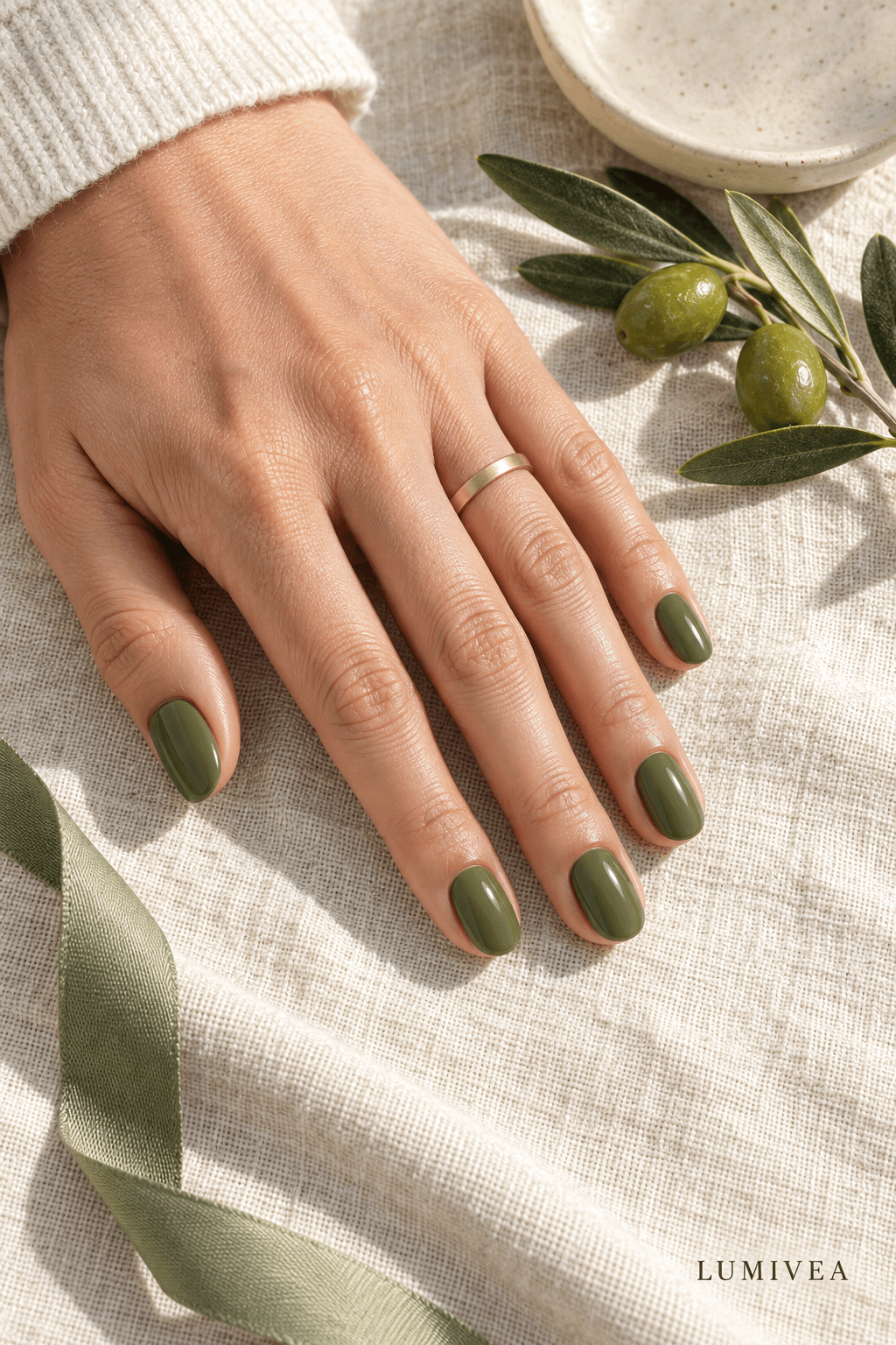Glossy olive-green oval fall nails on ivory linen with a small Lumivea logo