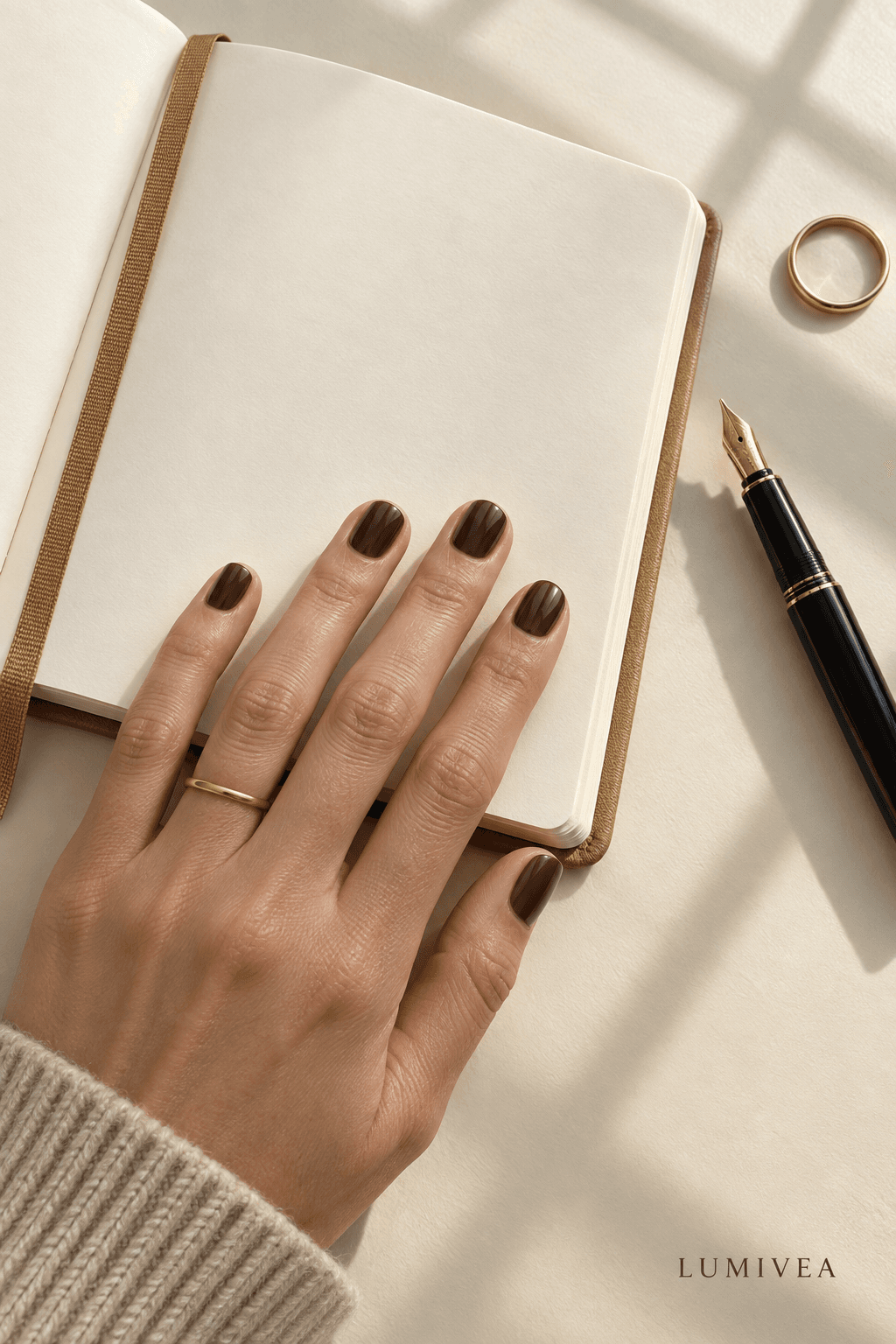 Short glossy chocolate-brown square nails beside a cream notebook with a small Lumivea logo