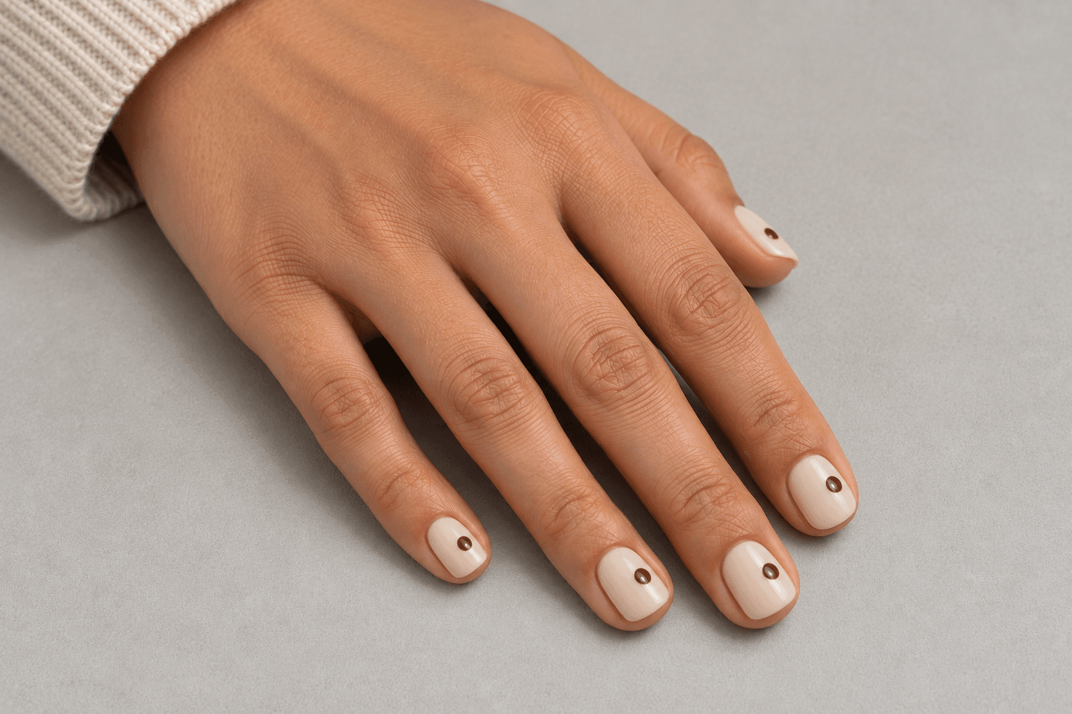 Short pale beige nails, each with one off-center dark brown dot.