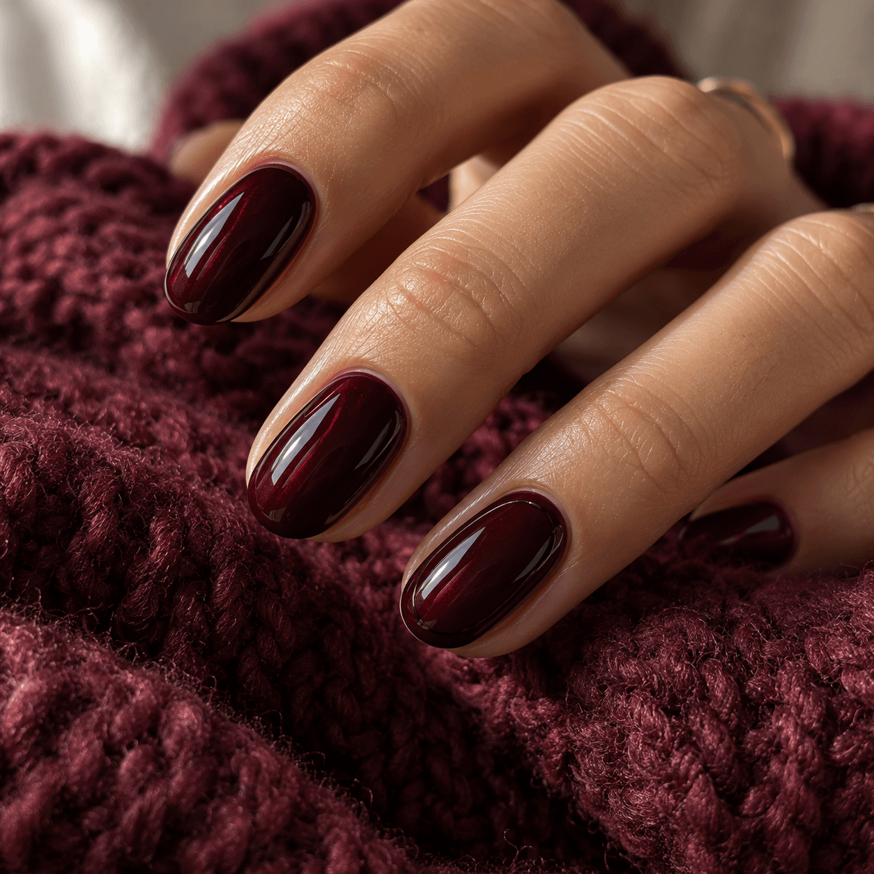 Glossy black-cherry oval nails with a fine black perimeter line on one accent nail.