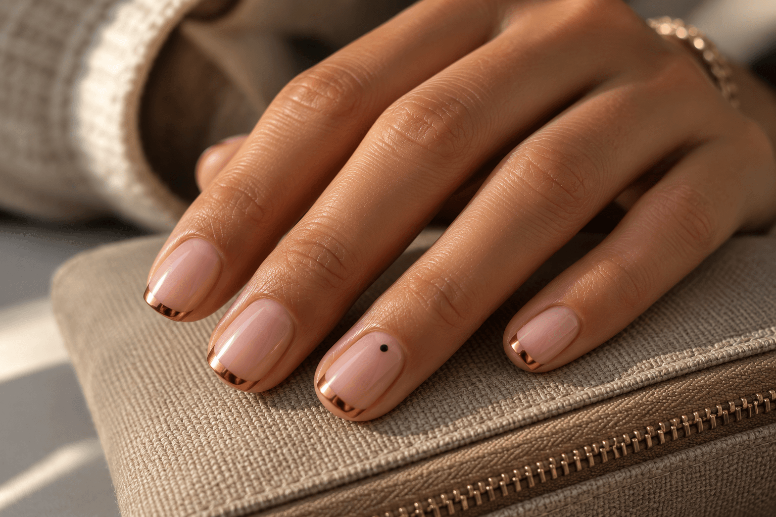 Short pink-beige nails with narrow copper-colored French tips and one small black dot on an accent nail.