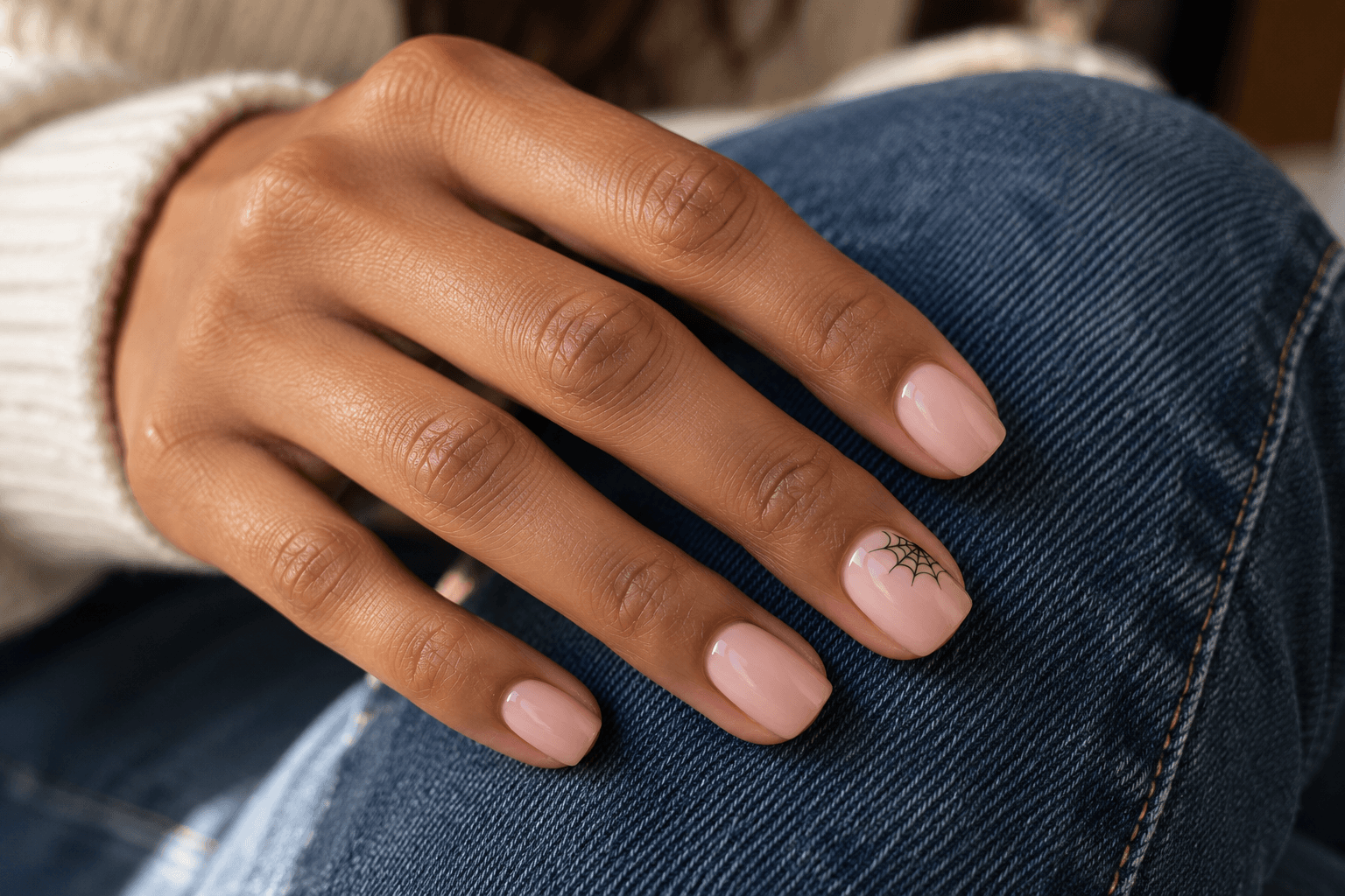 Pale pink nails with a fine black spiderweb confined to one upper corner of an accent nail.
