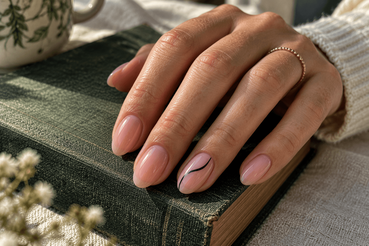 Glossy pale nails with one narrow black curved ribbon on a single accent nail.