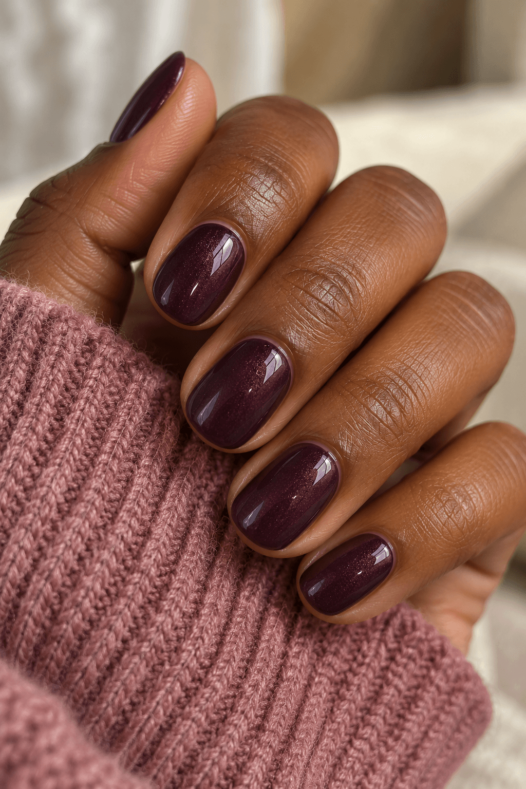 Short rounded plum nails with a fine muted shimmer and no painted motif.