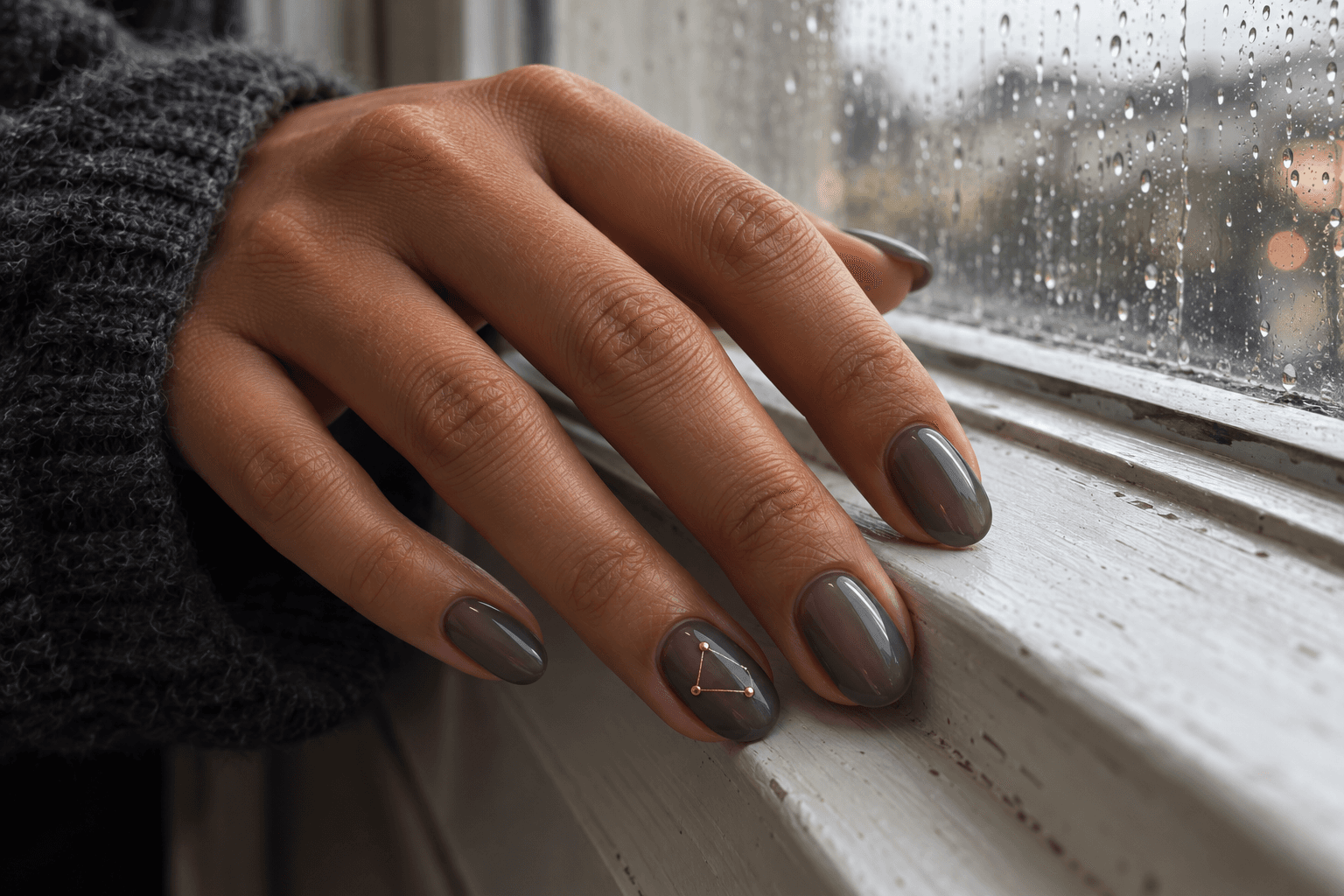Sheer smoky-gray nails with three small gold points linked by fine lines on one accent nail.