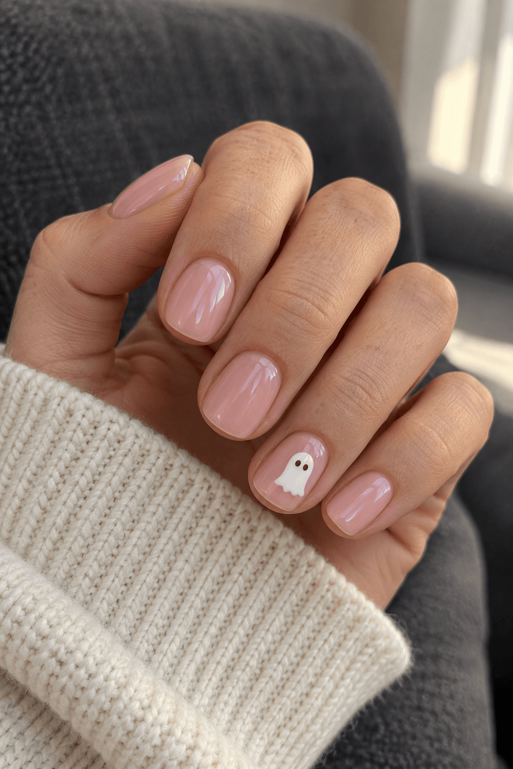 A milky pink manicure with one small white ghost on the ring nail.