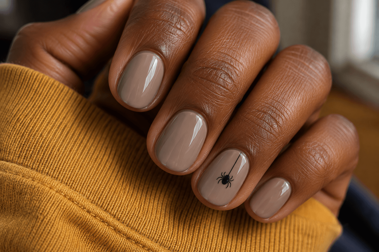 Short mushroom-taupe nails with one tiny black spider motif and a fine vertical thread on an accent nail.